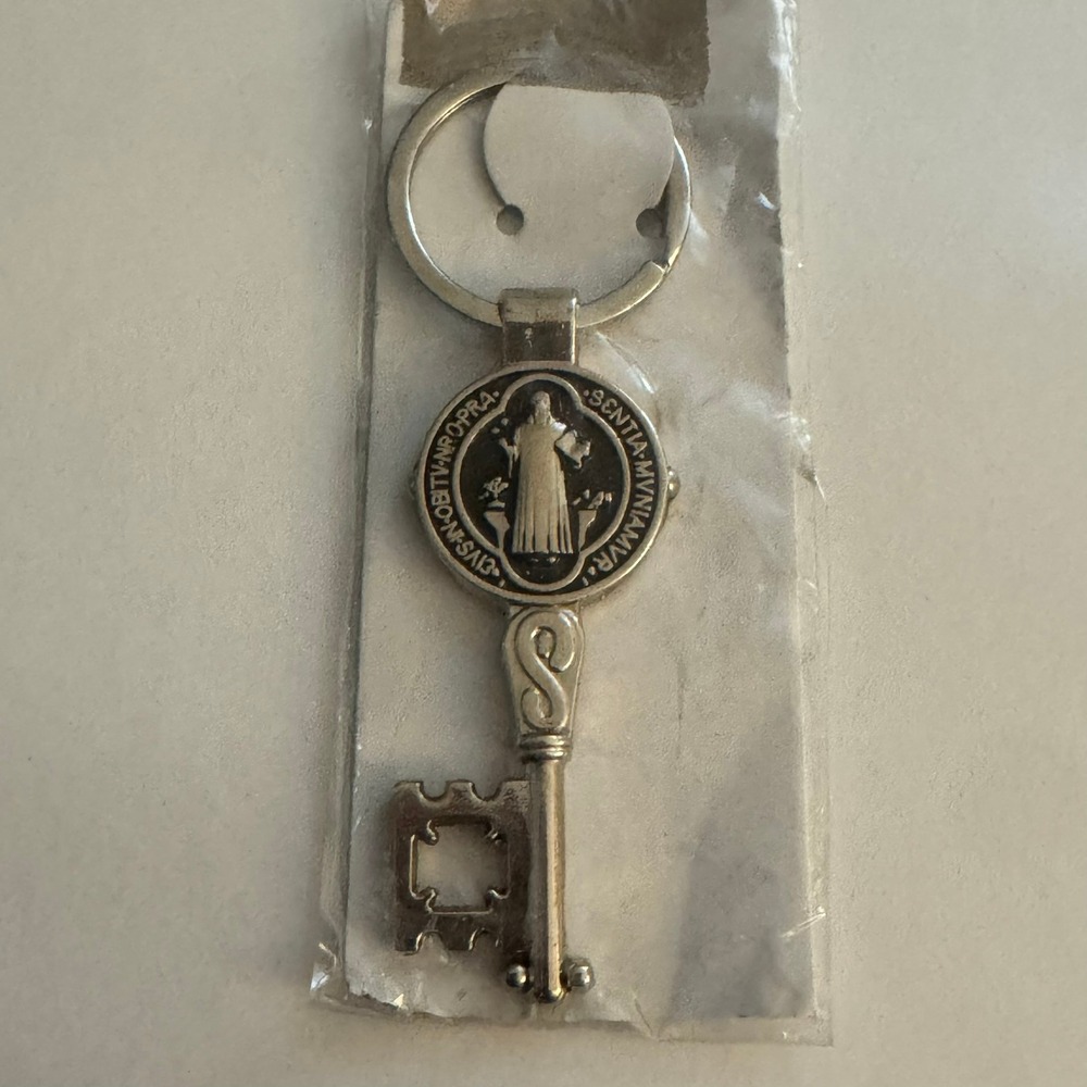 Saint St Benedict Key Ring Keychain Silver Tone Religious Key Shaped Charm